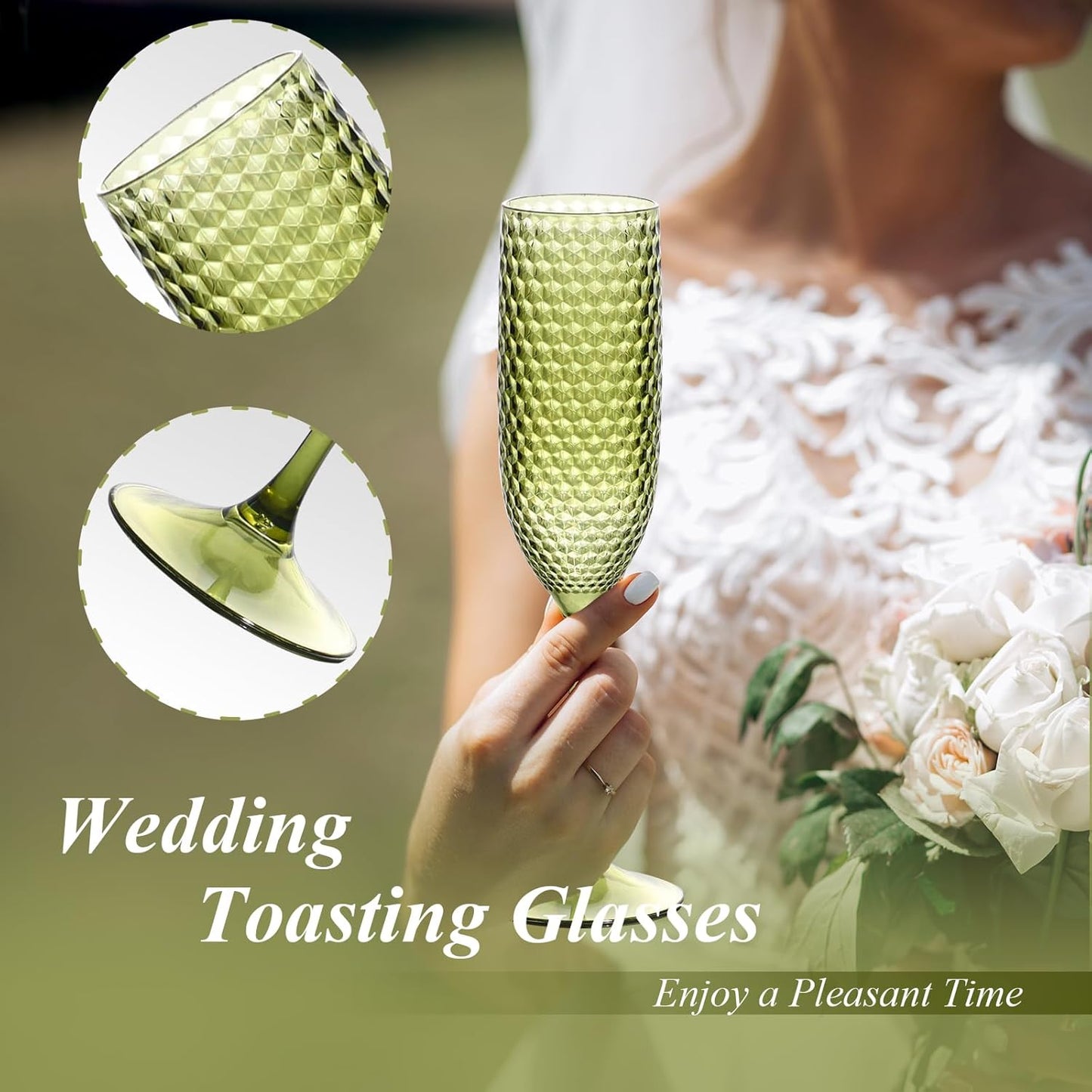 Plastic Champagne Flutes Champagne Glasses Unbreakable Wedding Toasting Glasses Reusable Diamond Wine Glasses Crystal Clear Party Wine Cups Vintage Drinking Glasses 5.5 OZ for Wedding (24, Green)
