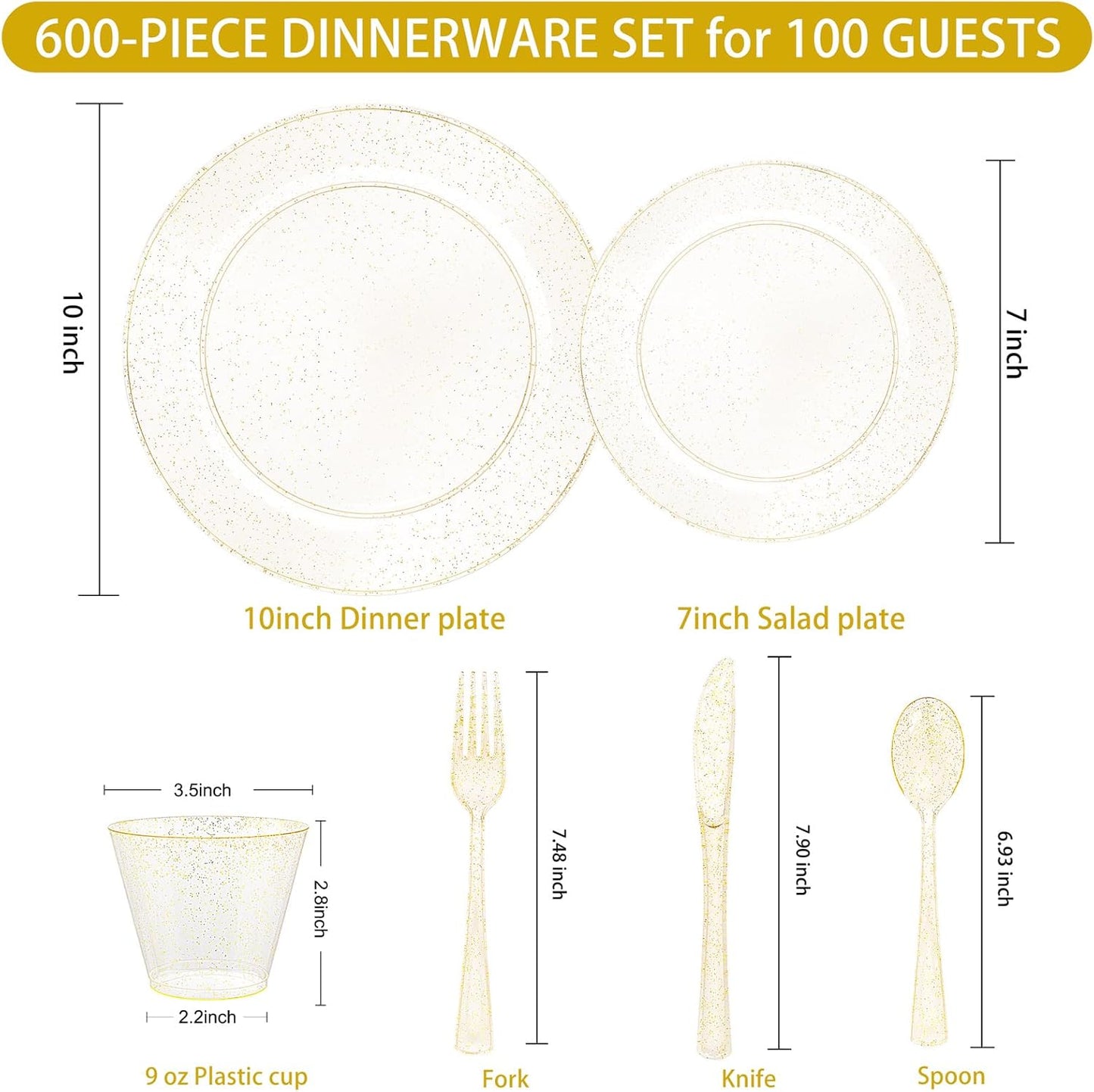 WELLIFE 600 PCS Gold Glitter Disposable Dinnerware Set for 100 Guests, Plastic Plates for Party, Including 100 Dinner Plates, 100 Salad Plates,Cups,Silverware Set for Wedding and Party Supplies