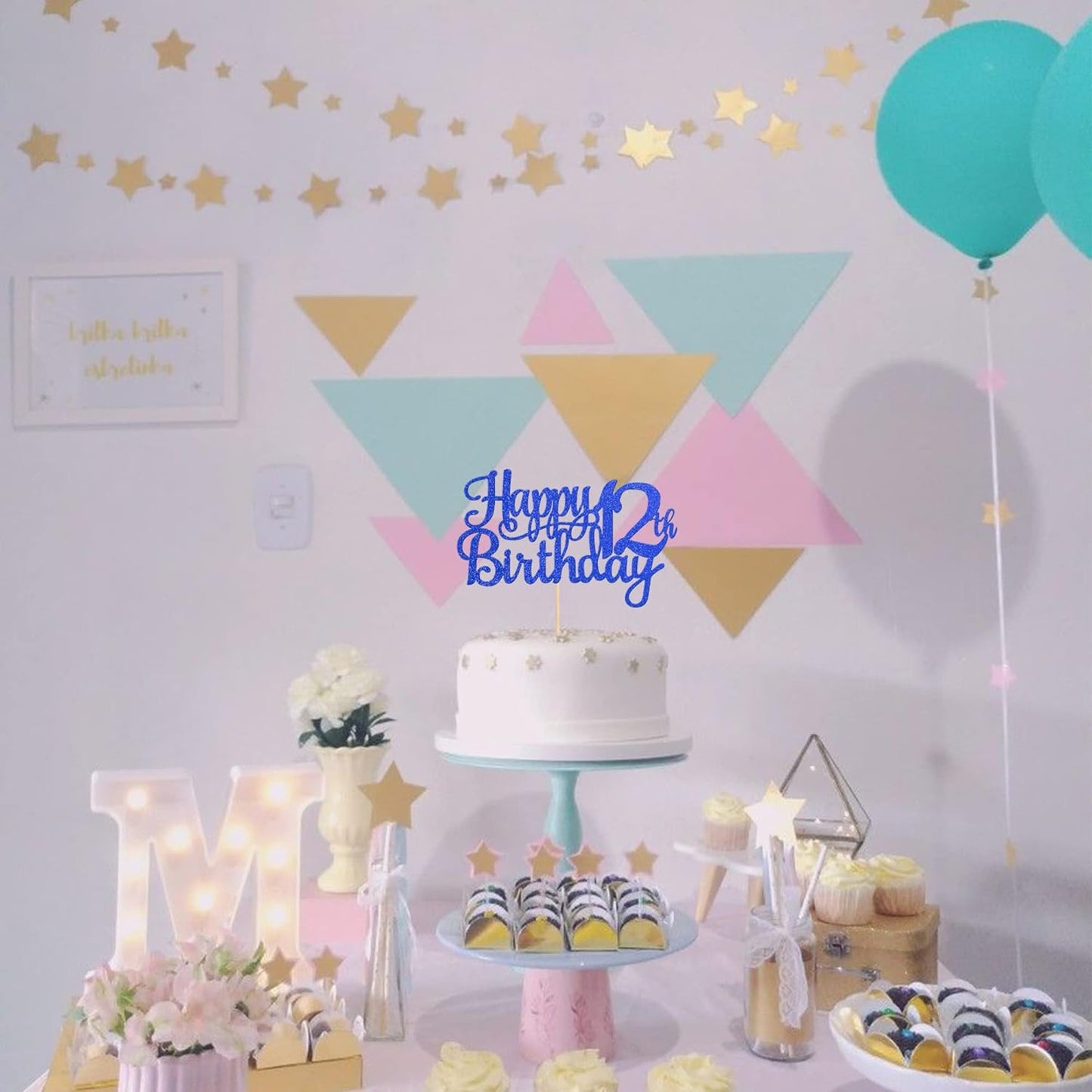 1 PCS Happy 12th Birthday Cake Topper Glitter Cheers to 12 Years Birthday Cake Pick 12 Fabulous Cake Decoration for Happy 13th Birthday Theme Party Decorations Supplies Blue
