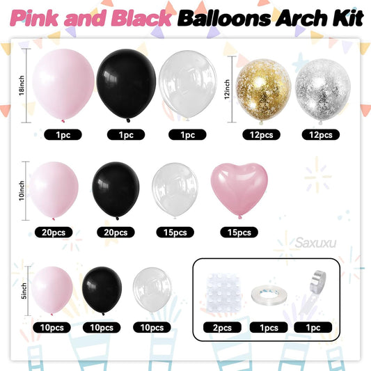 Pink and Black Balloon Arch Kit, Black Pink Balloons Garland Arch Kit, Macaron Heart Latex Balloons, Gold Silver Confetti Balloon For Girl Women Princess Birthday Mother's Day Party Wedding Decor