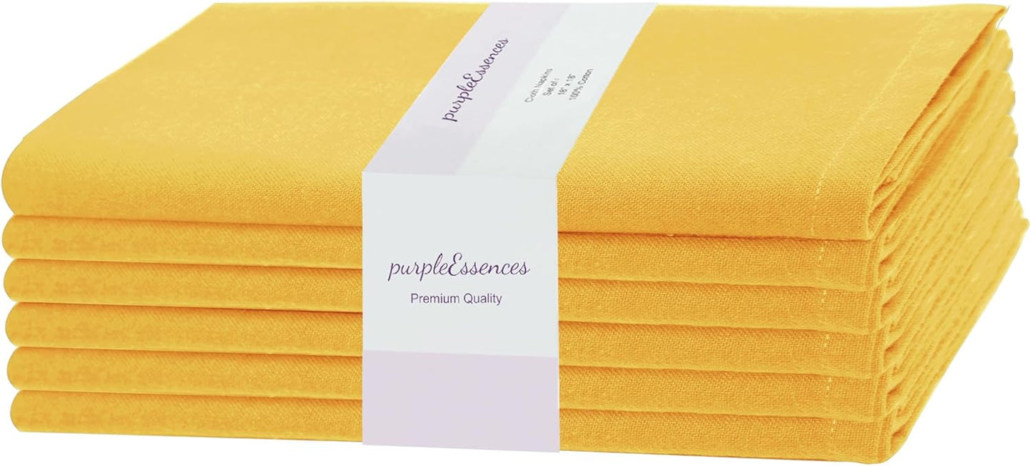 PurpleEssences Set of 6 Cloth Dinner Napkins 100% Cotton 18x18 Inch - Soft Durable Washable - Ideal for Farmhouse Party Fall Thanksgiving - Perfect Everyday Use Table Linen - Golden Yellow