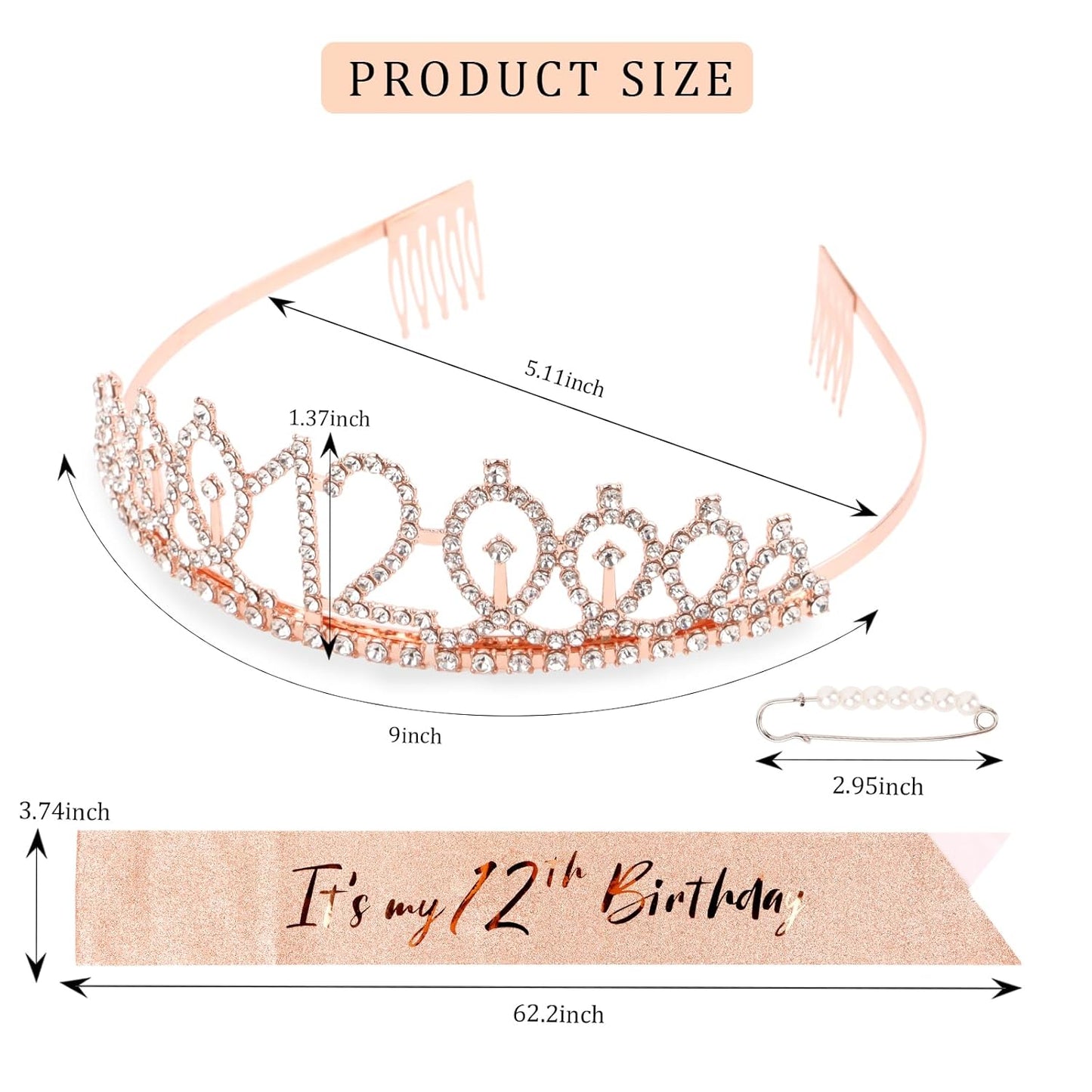 CIEHER 12th Birthday Crown + 12th Birthday Sash + Pearl Pin Set, It's My 12th Birthday Sash, 12 Birthday Tiara, 12th Birthday Decorations for Girls, 12th Birthday Gifts