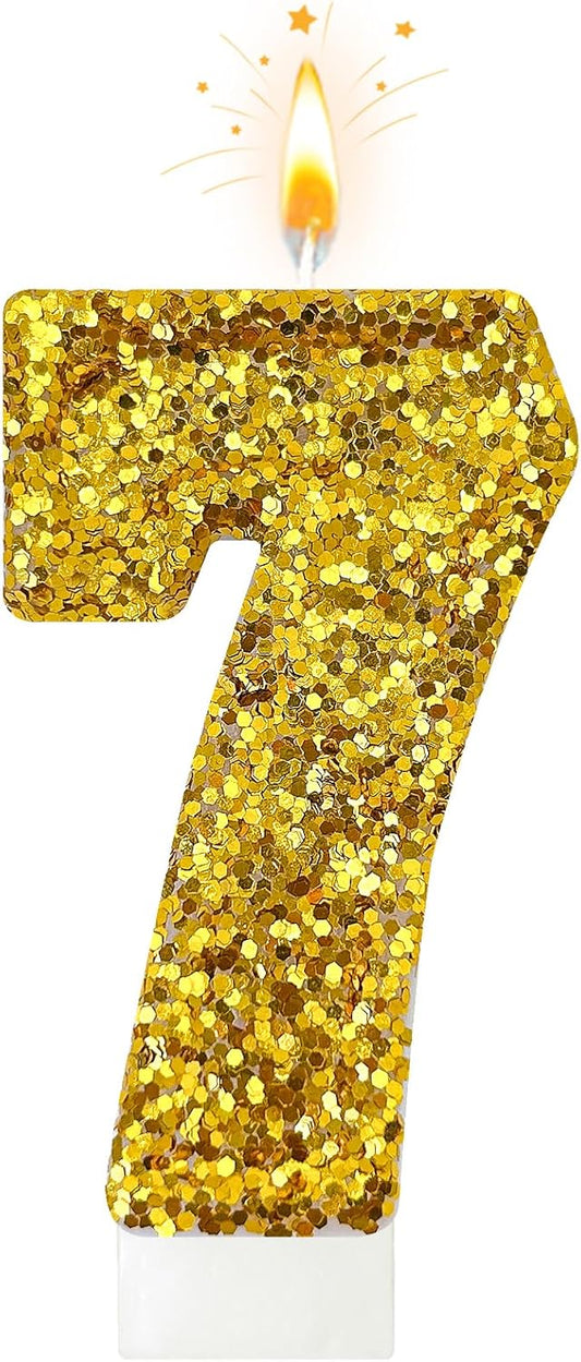 Birthday Number Candles, Glitter Number Candle Cake Decorations with Sequins, Cupcake Decorations for Girls, Women, Party Anniversary Celebrations (Number 7, Golden)