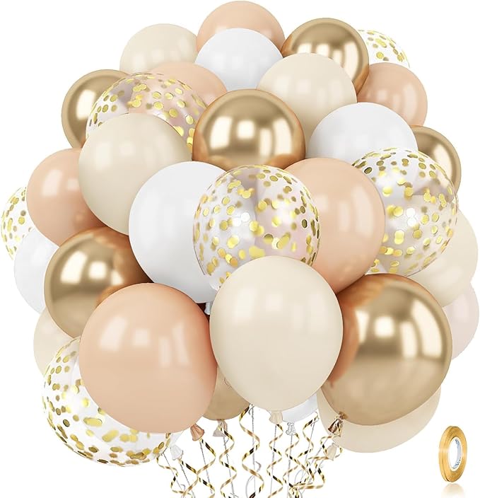 Zesliwy Gold White Sand Confetti Balloons, 50pcs 12 inch Beige Gold Nude Neutral Balloons for Birthday Wedding Bride Shower Party Decoration