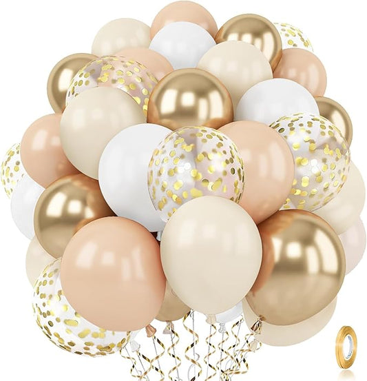 Zesliwy Gold White Sand Confetti Balloons, 50pcs 12 inch Beige Gold Nude Neutral Balloons for Birthday Wedding Bride Shower Party Decoration