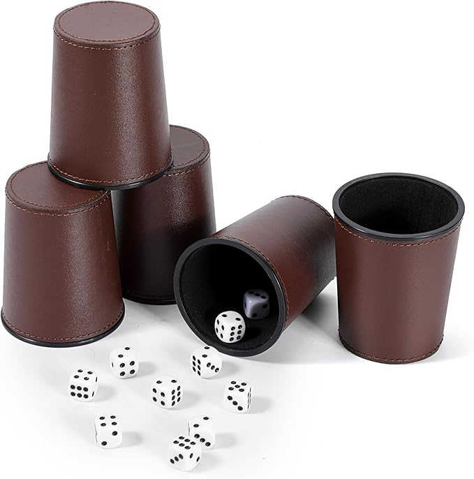 Leather Dice Cup Set, 5 Black Dice Cups + 25 Dices + Exclusive Storage and Transport Case Made of Faux Leather (10x Brown)