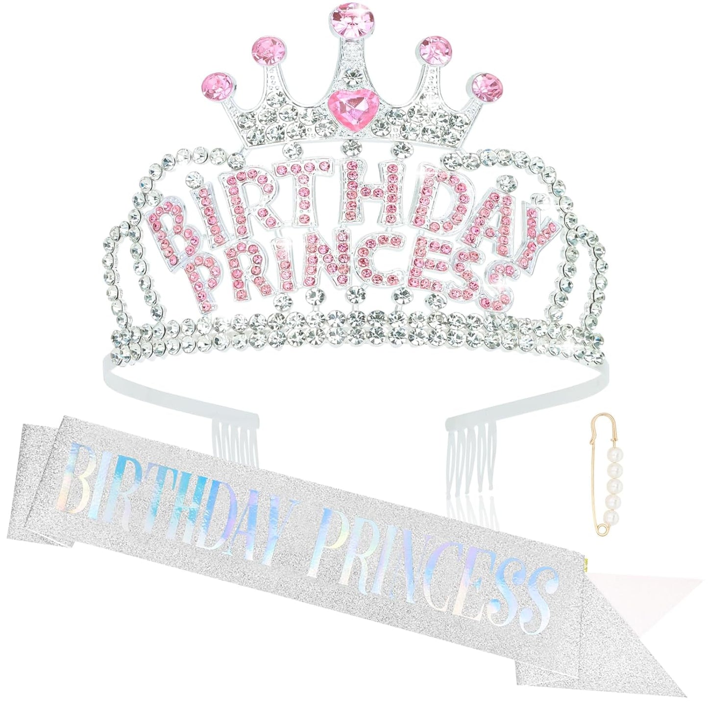 Wecoe Silver Birthday Crown and Sash: Women's Princess Crown with Rhinestone Tiaras & Sash - Happy Birthday Party Favors & Decorations for Adult Women Celebrants