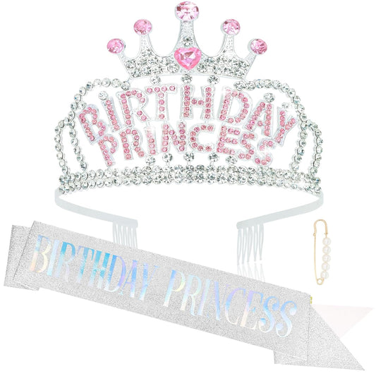 Wecoe Silver Birthday Crown and Sash: Women's Princess Crown with Rhinestone Tiaras & Sash - Happy Birthday Party Favors & Decorations for Adult Women Celebrants