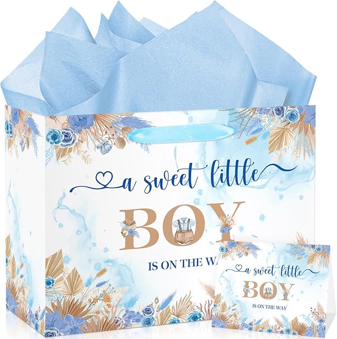 Baby Shower Paper Bag, Blue Floral Sweet Baby Boy Gift Bag with Tissue Paper and Card Boho Dried Flowers Wrap Bag with Handle for Baby Shower Birthday Gender Reveal Party Favors Decorations Supplies