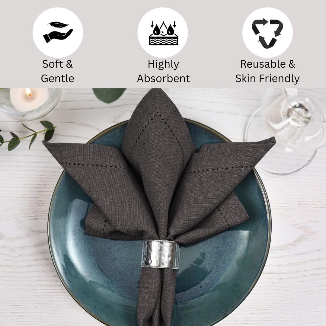 Hemstitch Cloth Dinner Napkins 100% Cotton Set of 12 - for Dining Special Occasions Weddings Parties Holidays Easter - Soft Durable Washable - 18x18 Inch Table Cloth Napkins Charcoal Grey