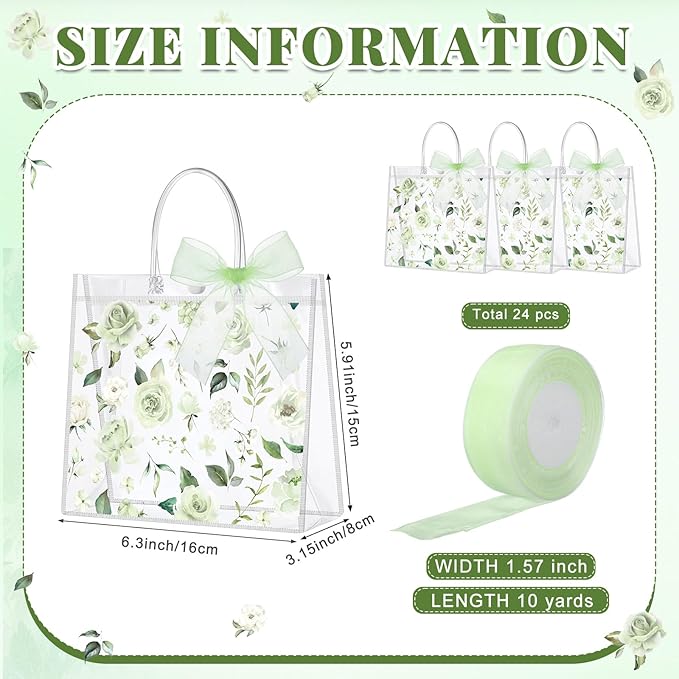 Wesnoy 24 Pcs Clear Floral Gift Bags with Handles Rose Green Flower PVC Treat Tote Bag for Tea Birthday Party Wedding Bridal Shower Bachelorette Anniversary Engagement Guests, 7.8 x 7.8 x 3.2 Inch