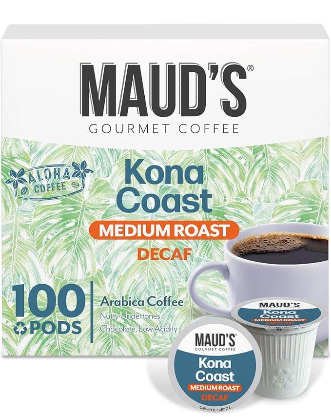 Maud's Decaf Kona Coffee Pods,100 ct, Decaffeinated Medium Roast Coffee in Recyclable Single Serve Pods – 100% Arabica Coffee, Compatible with Keurig K Cups Maker