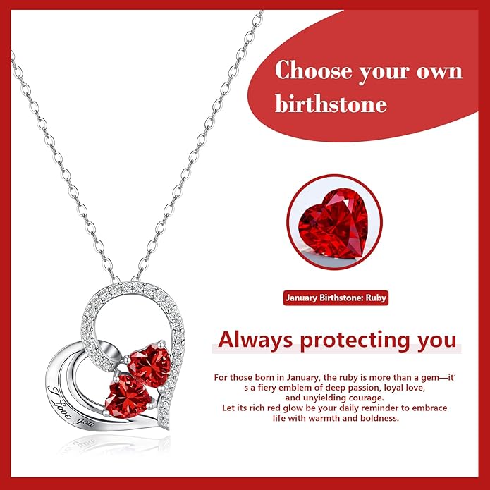 Double Birthstone Heart Necklace 0.8CT Dual-Gemstone S925 Sterling Silver Plated White Gold Engraved I Love You Perfect Anniversary/Valentine's Day Gift for Wife/Girlfriend/Mom/Daughter
