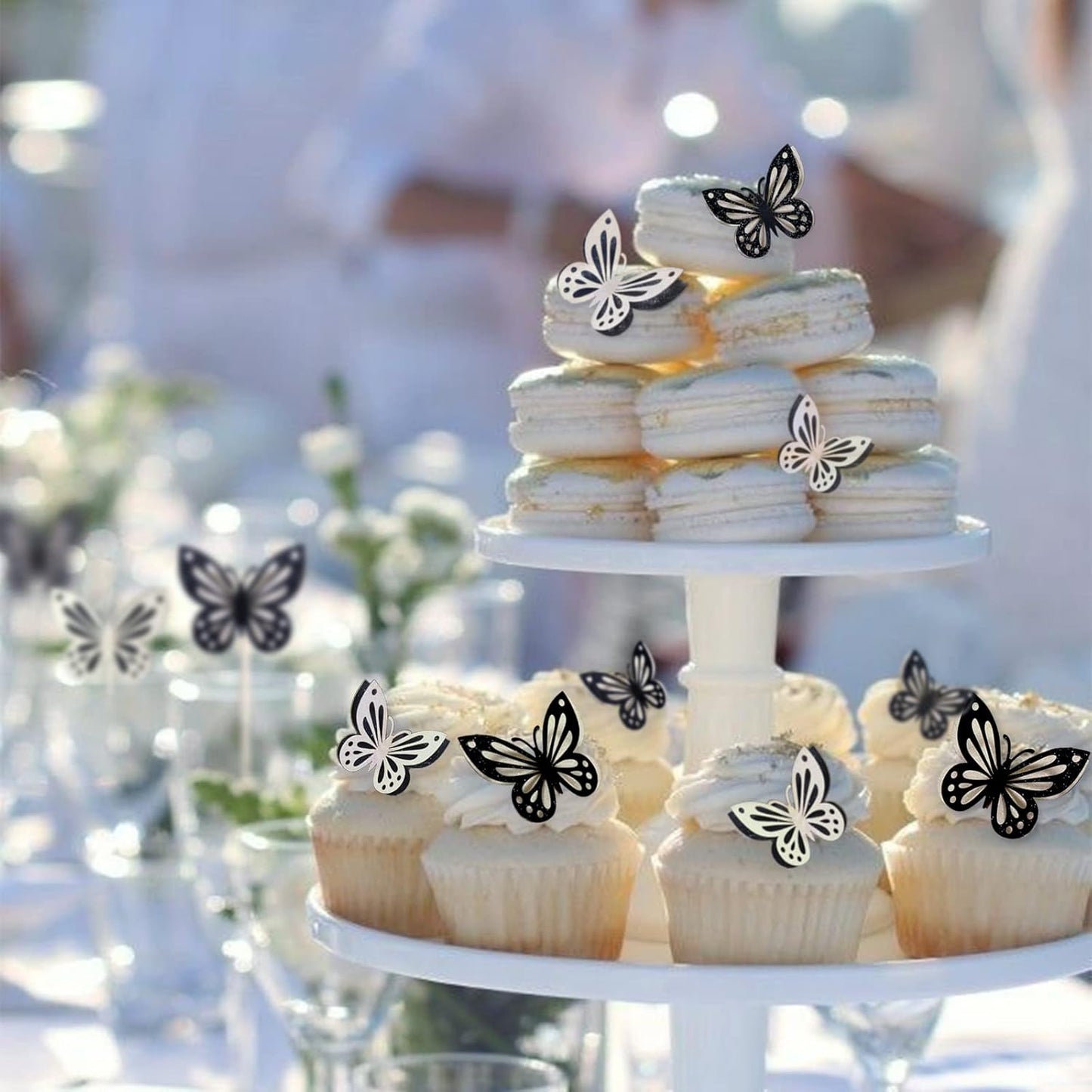 13-Piece Butterfly Cake Toppers - 3D Butterfly Cupcake Toppers for Girls & Women's Birthdays (Black & White)