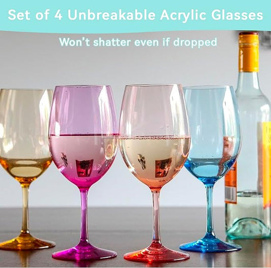 Lily's Home Unbreakable Acrylic Wine Glasses, Made of Shatterproof Tritan Plastic and Ideal for Indoor and Outdoor Use, Reusable (Multi - Light) - 20 oz each, Set of 4