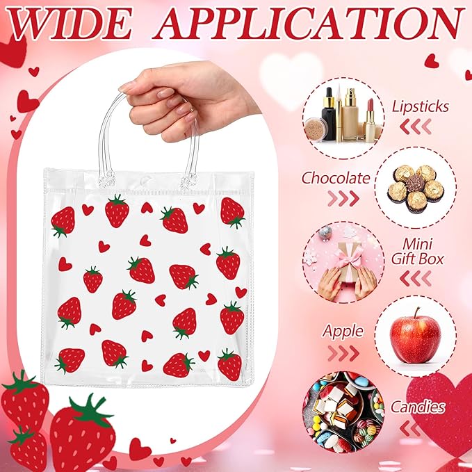 Kacctyen 24 Pcs Gift Bags for Party Favor Clear Goodie Bags with Handle 7.87 x 7.87 x 3.15 Return Gift Wrap Totes for Guests Treat Candy Wrapping(Strawberry)
