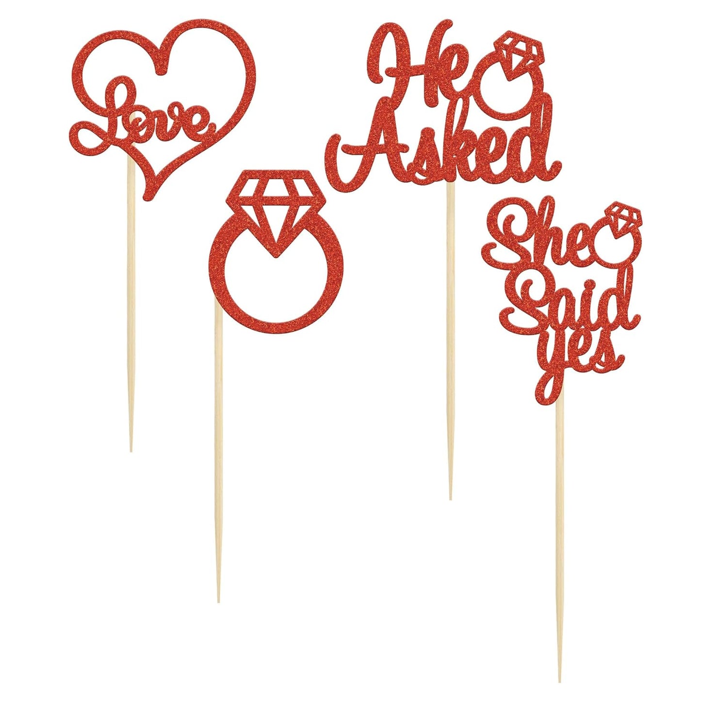 Gyufise 24 Pieces Red Glitter Engagement Cupcake Toppers He Asked She Said Yes Diamond Ring Heart Cupcake Picks for Wedding Bridal Shower Party Cake Decorations