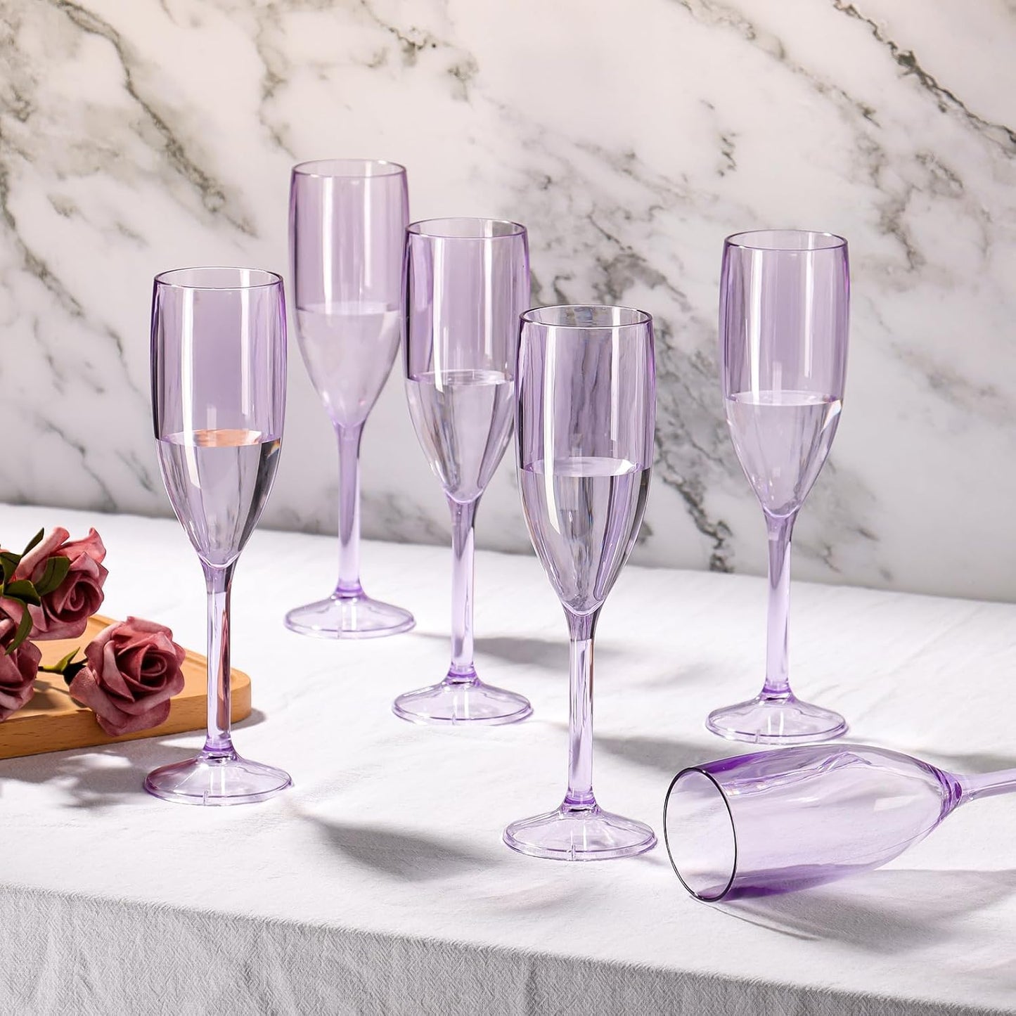 XUWAIDSGN 24 Pcs Champagne Flutes Plastic Wine Glasses Bulk Vintage Champagne Flutes Mimosa Bar Glasses Stemmed Drinking Cups 5.4OZ for Christmas Birthday Wedding Bride (24, Clear purple)