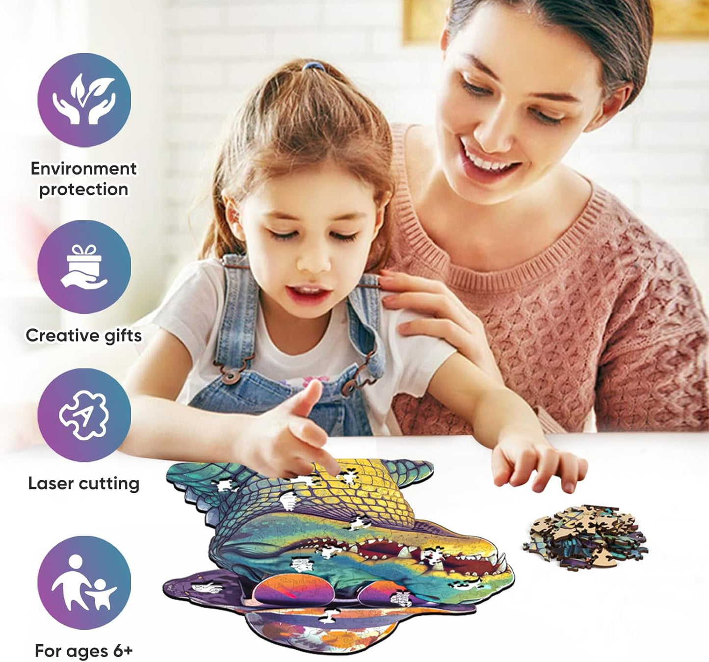 Reouinty Wooden Puzzles for Adults, Glasses Crocodile Jigsaw Puzzles 200 Pieces Animal Unique Shaped Wood Cut Puzzle Gifts for Adults and Kids, Family Puzzle Games