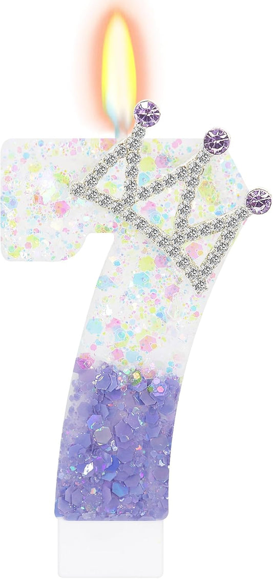 Purple White Number 7 Candle, Glitter Crown Cake Topper, Princess Birthday Party Decorations for Girls and Women Anniversary Celebrations Party Favors