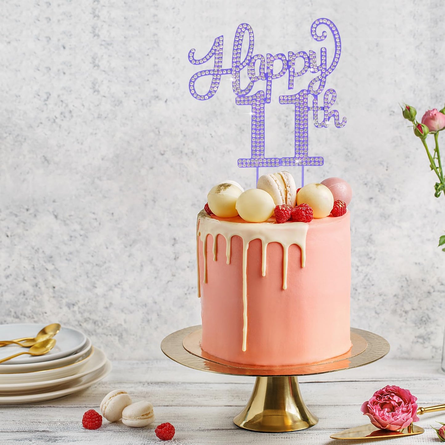 LASKYER Happy 11th Birthday Purple Rhinestone Cake Topper - 11th Birthday/Anniversary,Cheers to Eleven Years Old Bday Party Metal Sparkly Centerpieces Decorations.