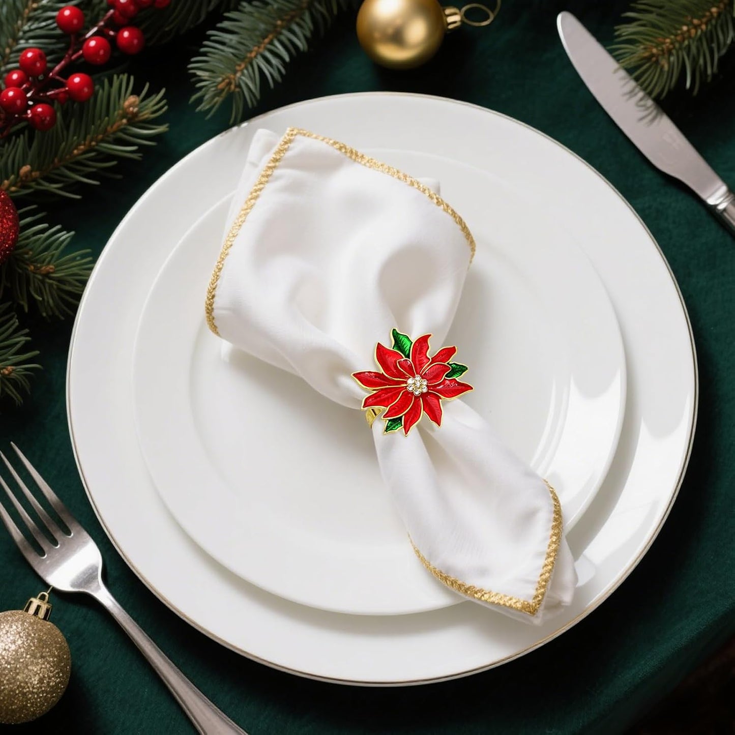 Christmas Poinsettia Flower Napkin Rings Set of 6 for Christmas New Year Valentine's Day Banquet,Red Floral Napkin Rings Holder for Wedding Anniversary Brithday Holiday Family Dinner Decor