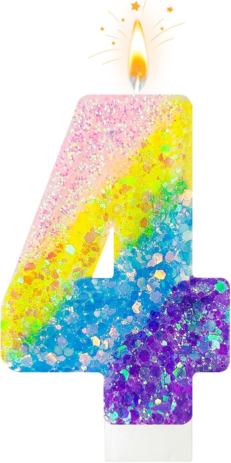 Birthday Candles Pastel Macaron Glitter 3D Rainbow Number Candles for Birthday Cake Girls Women Sweet Theme Birthday Wedding Anniversary Party Cake Decoration (Number 4)