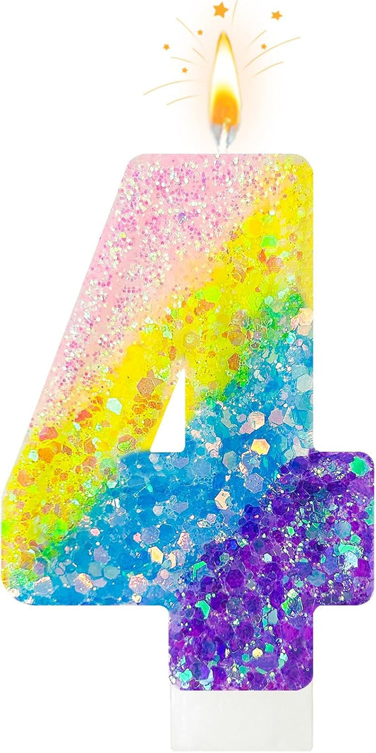Birthday Candles Pastel Macaron Glitter 3D Rainbow Number Candles for Birthday Cake Girls Women Sweet Theme Birthday Wedding Anniversary Party Cake Decoration (Number 4)