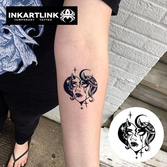 INKARTLINK 2 Sheets Medium Semi Permanent Tattoos, Temporary Tattoos, Adult Art Designs, Waterproof, Realistic, No Adhesive, No Reflective, Lasts 1-2 Weeks (Dark Moon Queen)