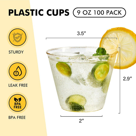 RACETOP 100 Pack 9 oz Gold Plastic Cups Tumbler, Disposable Cups with Gold Glitter for Party, Heavy-duty Clear Plastic Wine Glasses, Disposable Wedding Cups