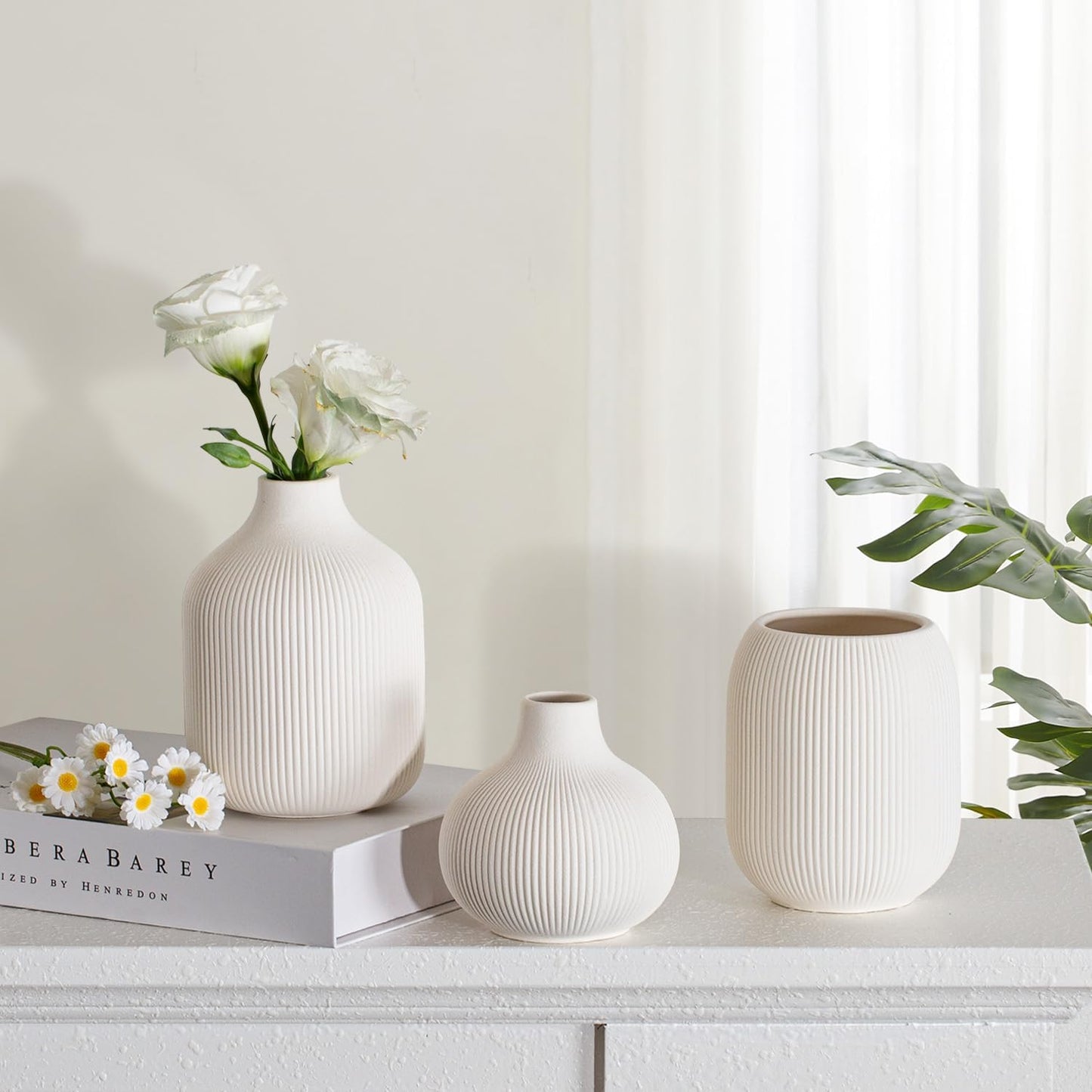 Modern White Ceramic Vase Set of 3, Ribbed Texture Boho Minimalist Home Decor, Small Decorative Vases for Centerpiece, Shelf, Tabletop - Aesthetic Touch for Neutral & Transitional Spaces