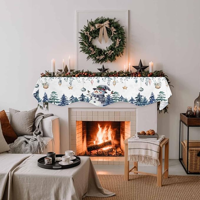 Blue Snowman Christmas Fireplace Mantel Scarf Table Runner, Green Eucalyptus Leaves Xmas Tree Winter Garland Mantel Top Tablerunners Dresser Scarves Cover for Windows Party Living Room 90''x17''