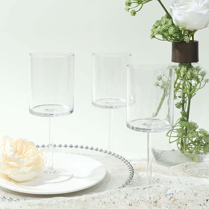 Efavormart 6 Pack Clear Plastic Square Wine Glasses With Long Stem, Shatterproof Reusable Cocktail Glasses - 10oz