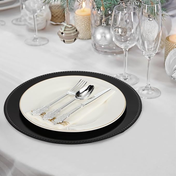 Jinei 36 Pack Black Charger Plates 13 Inch Plastic Beaded Round Charger Plates Wedding Table Decoration Reusable Dinner Plate Tray for Birthday Party Holiday Event