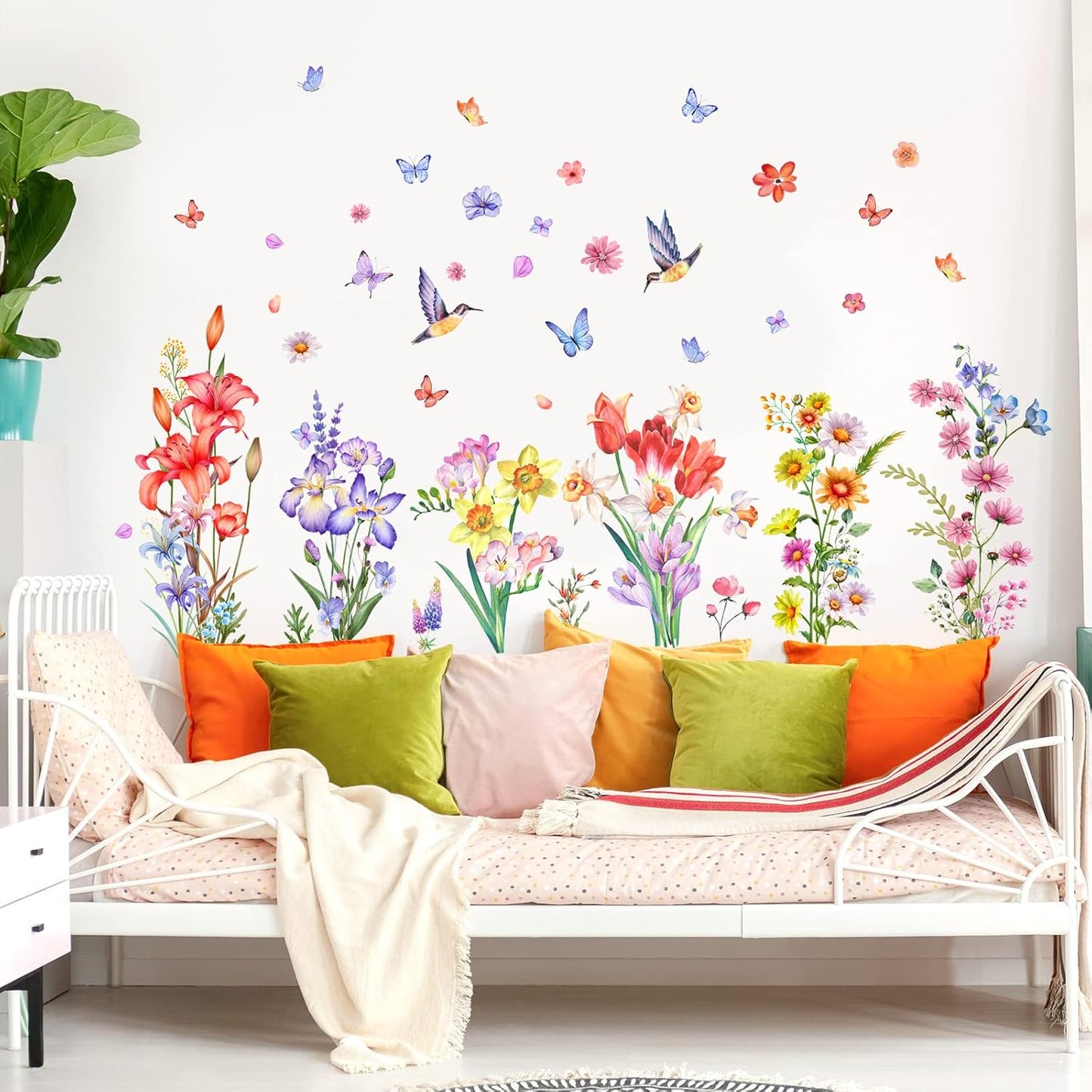 Watercolor Flower Wall Decals Stickers Birds Butterfly Floral Wall Stickers Removable Wildflower Wall Decor for Summer Girls Bedroom Living Room Nursery Decoration