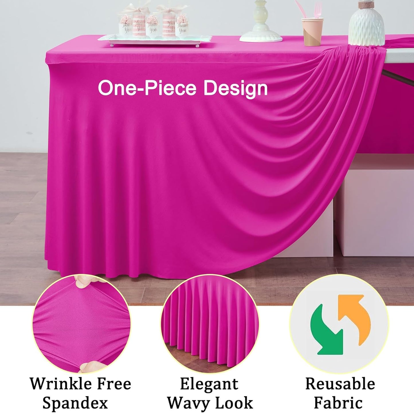 6ft Hot Pink Spandex Tablecloths for Rectangle Tables, 4pk Stretchy Table Cloths Fitted Tablecover 6 Foot Fuchsia Desk Skirt for Weddings Birthday Party Banquet Baby Shower