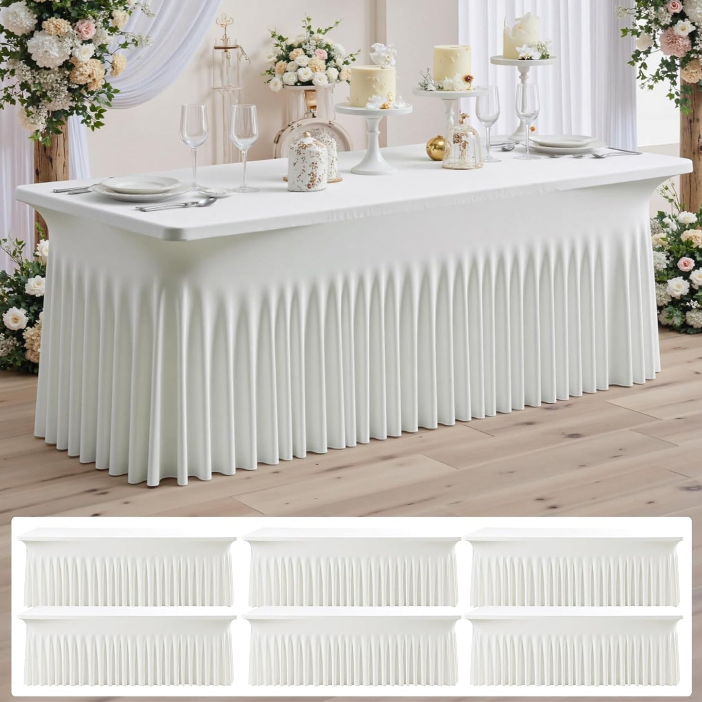 6 pk Ivory Spandex Tablecloth for 8 Foot Rectangle Tables,Wrinkle Free High Stretchy Cream Fitted Tablecloths with Ruffle Skirt, Elastic Spandex Table Covers 8 ft for Parties Weddings Banquet