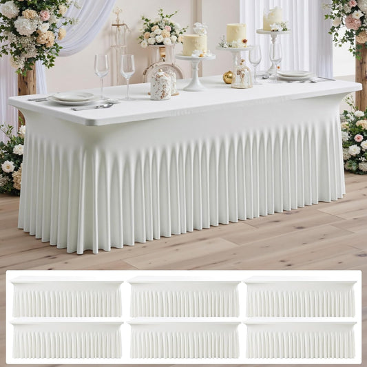 6 pk Ivory Spandex Tablecloth for 8 Foot Rectangle Tables,Wrinkle Free High Stretchy Cream Fitted Tablecloths with Ruffle Skirt, Elastic Spandex Table Covers 8 ft for Parties Weddings Banquet
