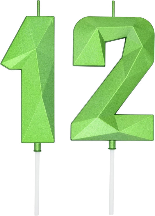 DERVENTA Large Birthday Candle Number 3D Green 3.7 inch Party Celebration Anniversary Decoration Cake Topper 1 Piece (Number 12 Green)