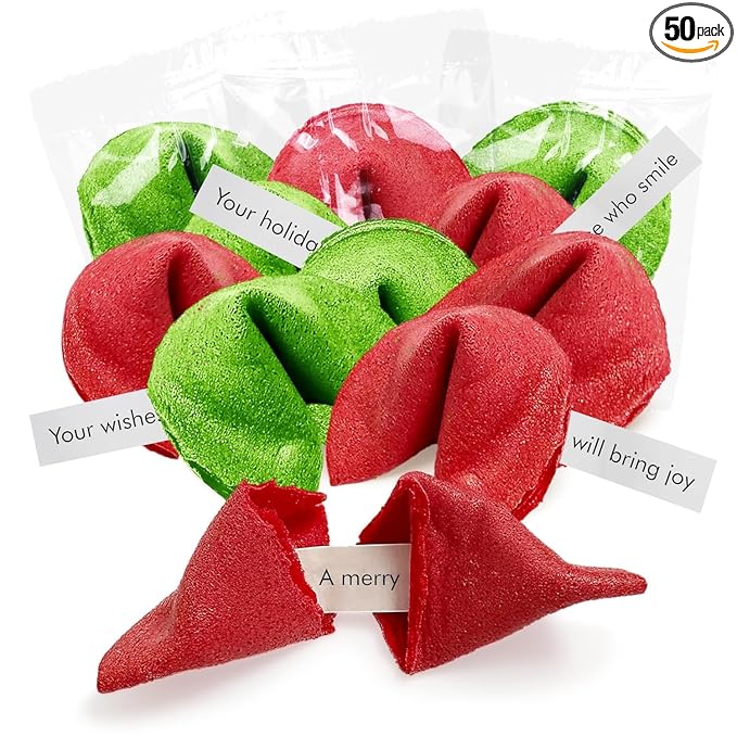 4E's Novelty Christmas Fortune Cookies Bulk, 50 Individually Wrapped Funny Fortune Cookies with Holiday Sayings for Kids & Adults, Perfect Christmas Candy Snacks, Party Favors & Treats