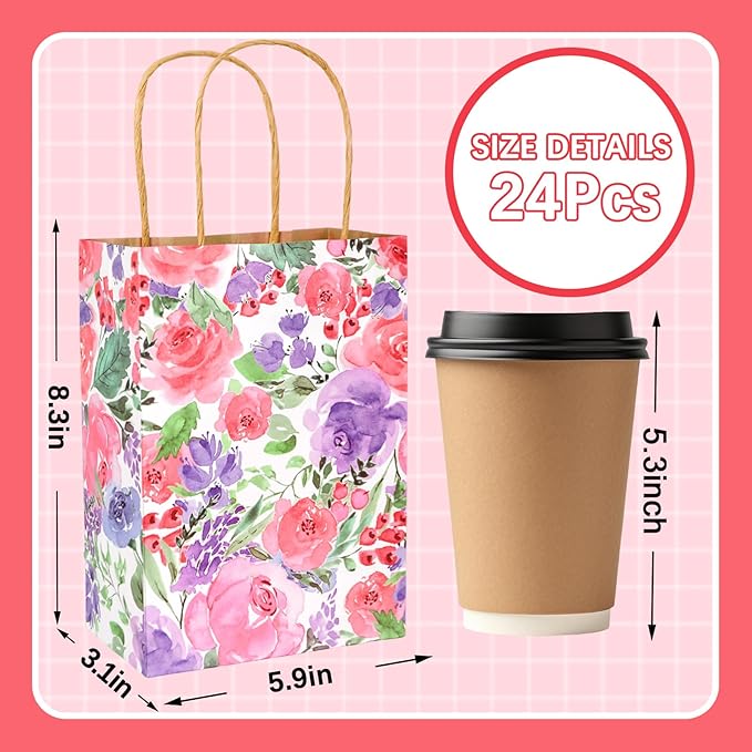 JarThenaAMCS 24Pcs Floral Kraft Paper Bags with Handles Summer Watercolor Purple Flower Treat Gift Bag Blossom Candy Goodie Bag for Wedding Birthday Baby Shower Party Favors Supplies