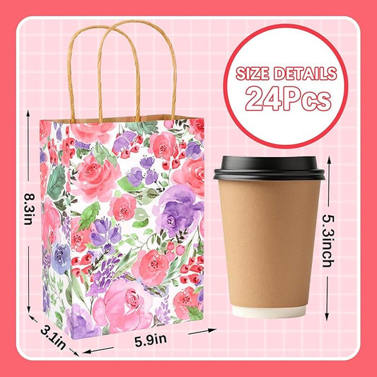 JarThenaAMCS 24Pcs Floral Kraft Paper Bags with Handles Summer Watercolor Purple Flower Treat Gift Bag Blossom Candy Goodie Bag for Wedding Birthday Baby Shower Party Favors Supplies
