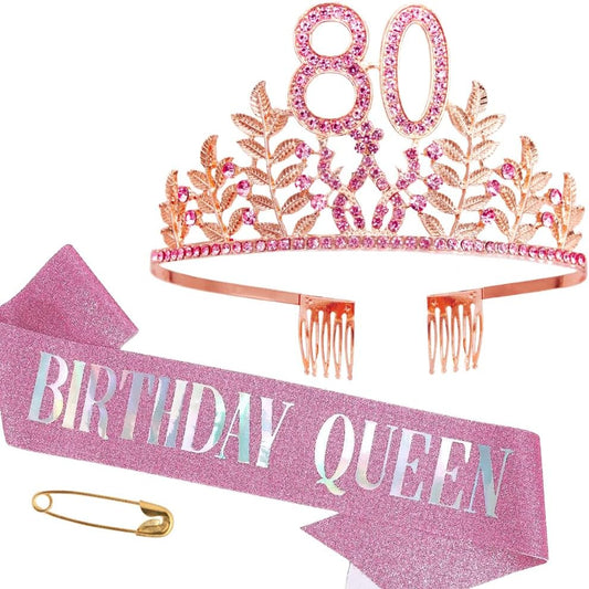 Birthday Sash Tiara Birthday Tiara Rhinestone Crown Rose Gold Birthday Queen Tiara Sash and Tiara for Women Birthday Decor Princess Tiara Cake Topper Crystals Hair Accessories for Party