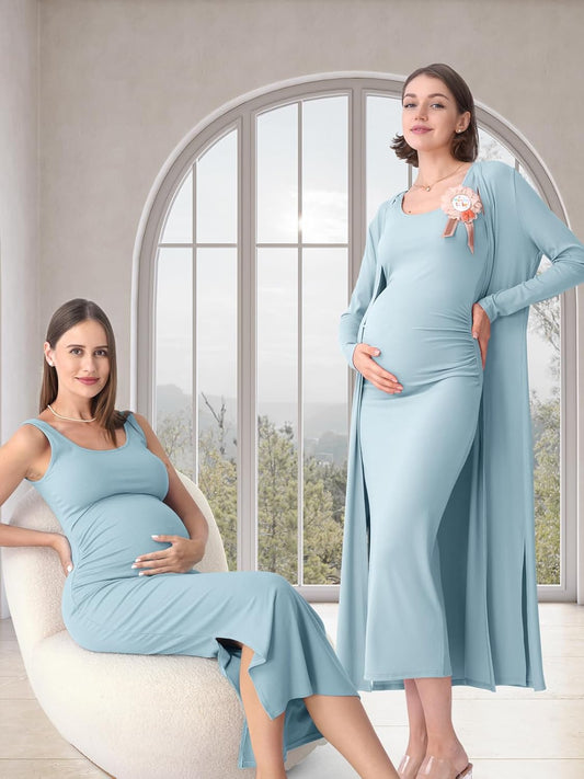 Rnxrbb 2 PCS Fall Winter Maternity Dress Cardigan Set Long Bodycon Maxi Formal Dresses Boho Baby Shower for Women