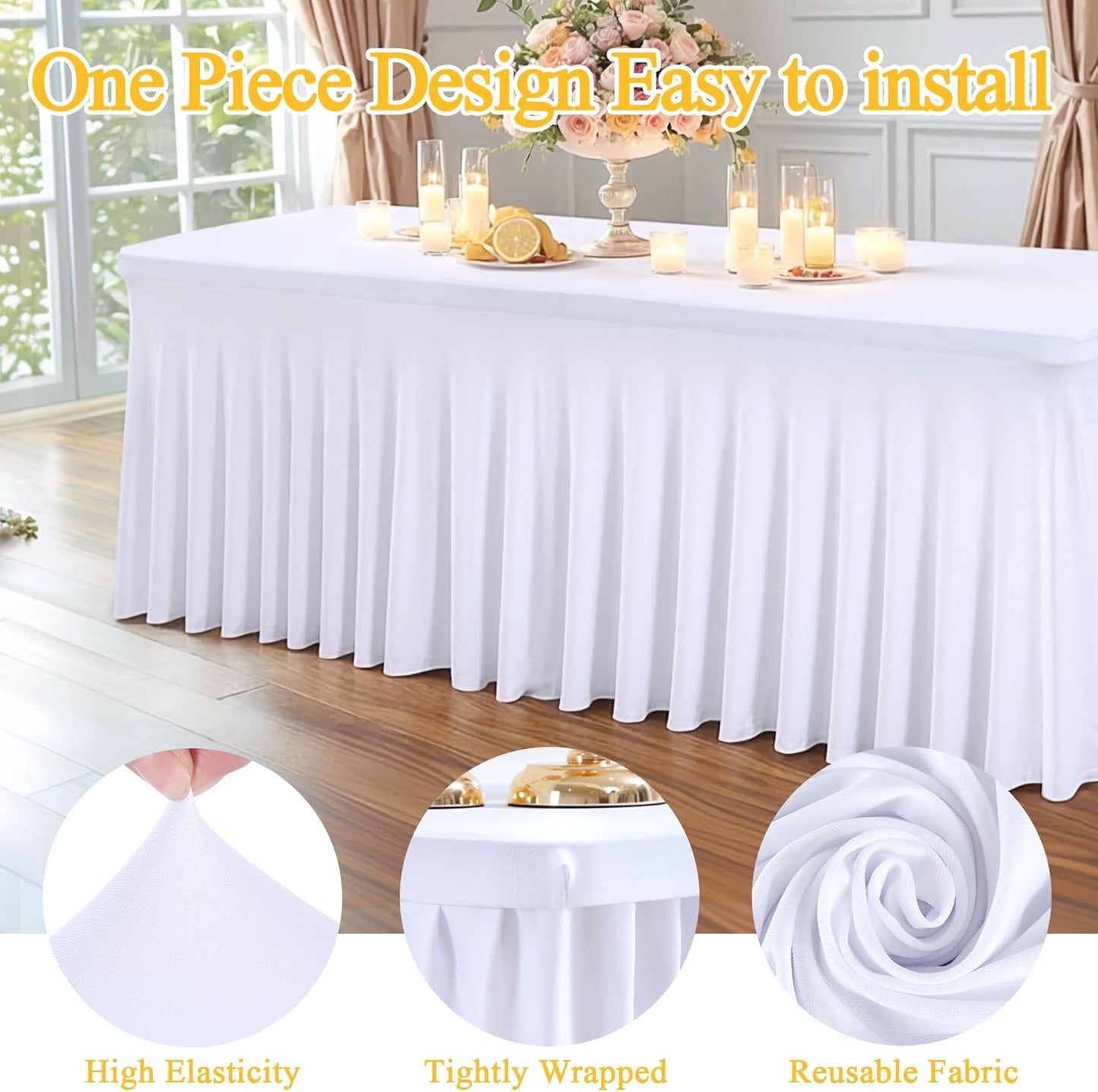 6 Packs White Spandex Tableclothes for 8 Foot Rectangle Table, Spandex Table Covers 8FT Stretch Table Skirts Rectangle Tables Wrinkle Free Fitted Tablecover for Event, Wedding, Banquet & Parties