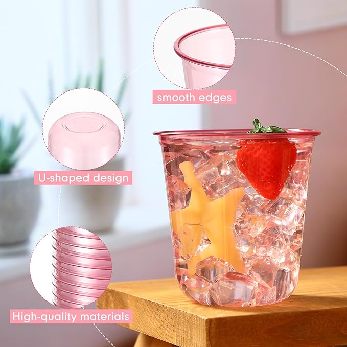100 Pcs Disposable Stemless Glasses 12oz Crystal Plastic Wine Glasses Clear Classic Pet Cup for Meeting Weddings Birthdays Cocktail Christmas Party Supplies (Pink)