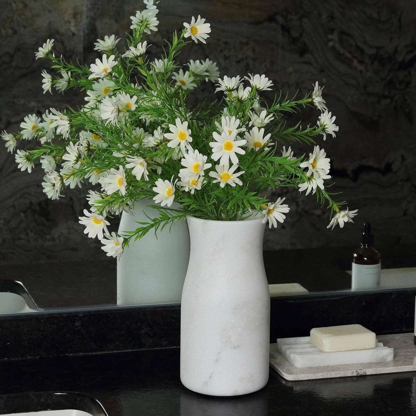 White Marble Vase for Flowers, 8.66" Minimalist Modern Frosted Flower Vase for Home Decor, Decorative Vases for Centerpieces, Living Room, Dining Table, Office, Boho Farmhouse Decor