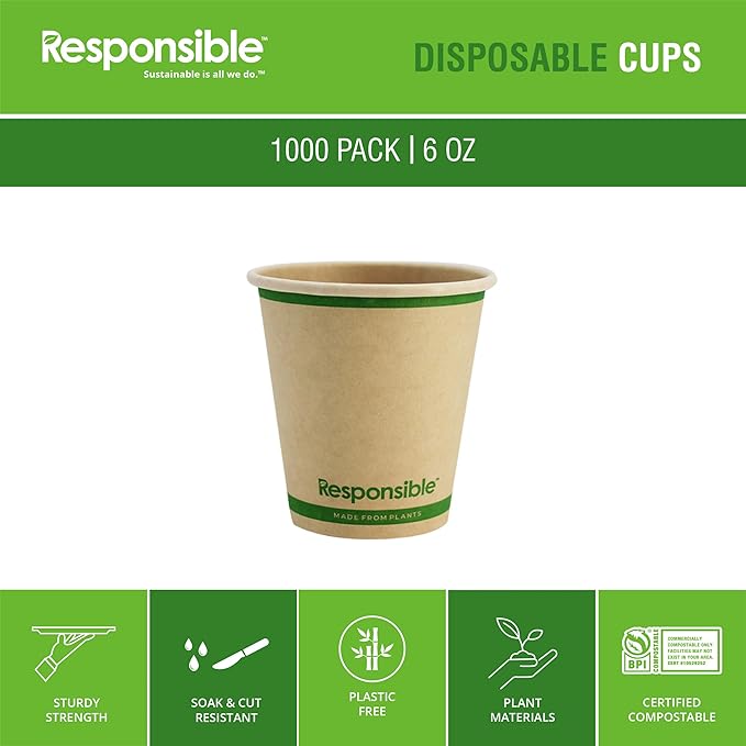 Responsible Products 6 oz Paper Hot Cups, Tree-Less™ Compostable Paper Coffee Cups, Extra Strength, Tree-Free and Made Without PFAS, Natural Brown (1000 Count)