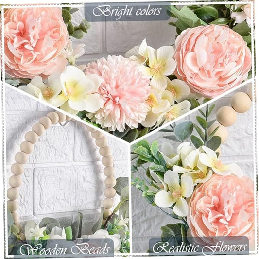 Spring Decorative Multipurpose Garland, Wood Bead Floral Wreath Artificial Flower with Eucalyptus Leaves Hanging Hoop for Wedding