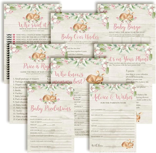 Baby Shower Games 8 Game Set Pink Watercolor Little Deer Woodland Floral 80 Double-Sided Cards for 20 Guests. Baby Shower Bingo, Baby Predictions & Activities for Guests. Theme for Girl